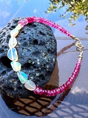Handmade Opal Pink Sapphire Bracelet, 18K Yellow Gold, Adjustable